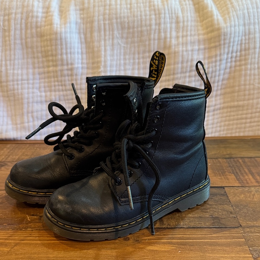 Dr. Martens Black Leather Boots with Yellow Stitching